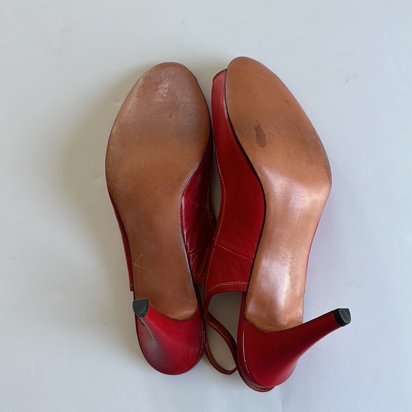 Vintage 70-80s red leather peep toe heel 👠 gold thread Marty Fuerst Detroit 9.5 - Picture 7 of 14